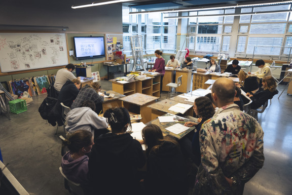 The art studio with a class of students drawing