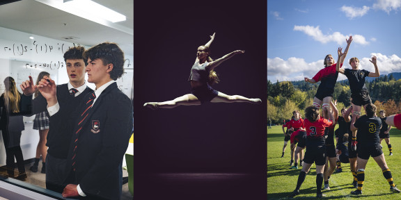 Students in a classroom, dancing, and playing rugby