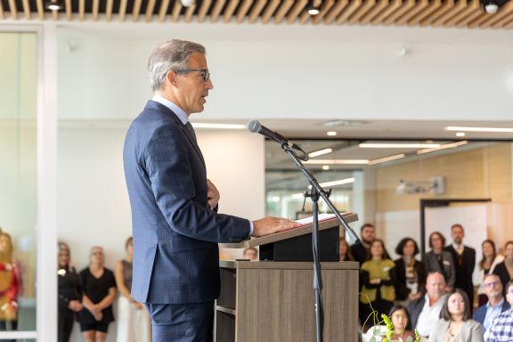 Brentwood College Head of School Garth Chalmers addresses Brentwood Family during grand opening of Centre for Innovation and Learning 2024