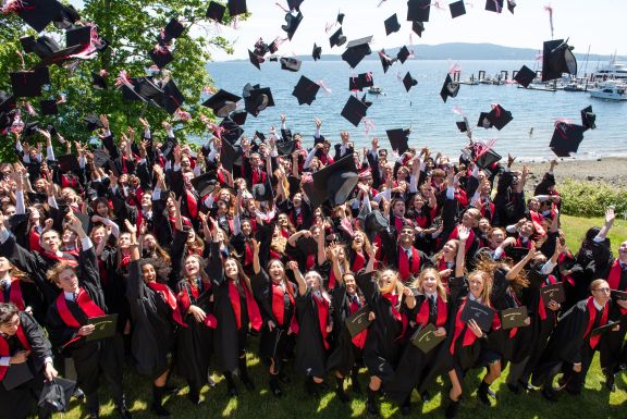Graduates tossing their caps into the air in celebration