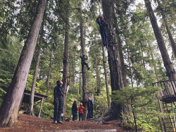 high ropes course with students