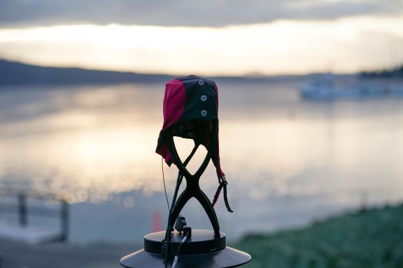NeuroCatch cap with campus water view/Saanich Inlet beyond