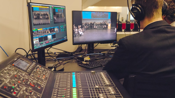 Monitors and a mixer in the livestreaming booth in the Foote Centre