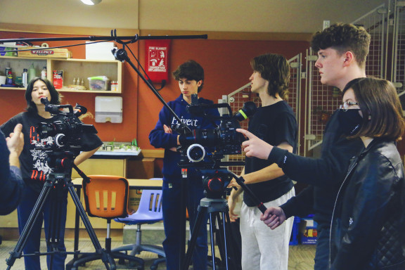 Drama: Film & Stage group filming a scene in a classroom