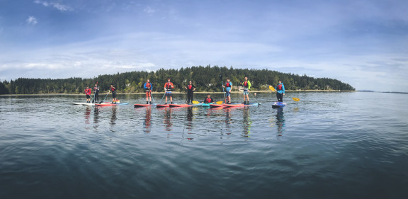 A group of students using stand up paddle boards
