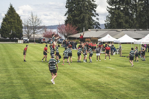 A rugby line out during a match on the Brentwood fields