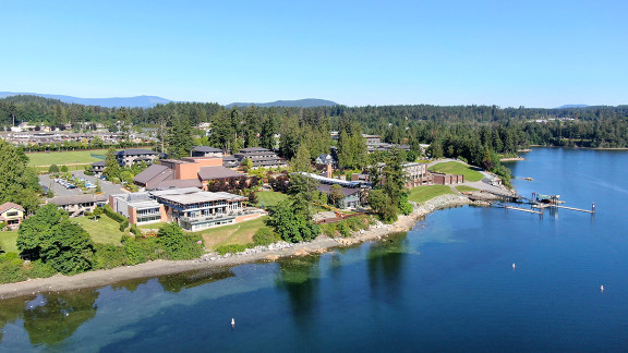 An aerial view of the Brentwood campus from the ocean