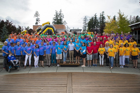 The staff of Brentwood dressed in their house colours