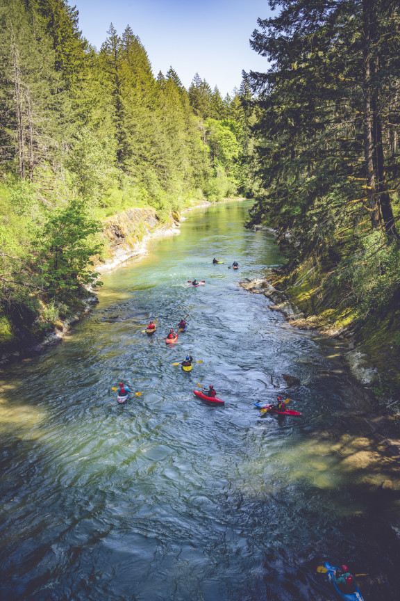 The Cowichan River with several kayakers