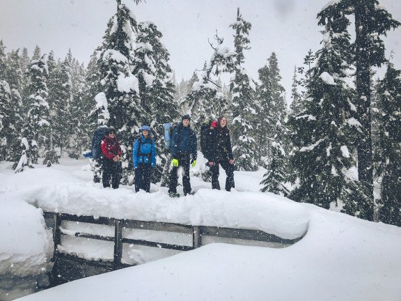 Students hiking in the snow