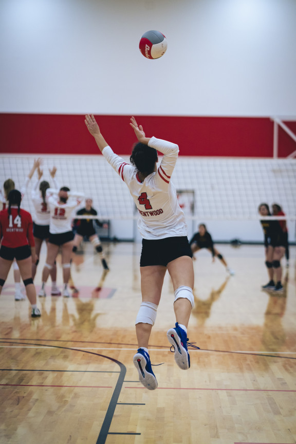 A volleyball player jump serving