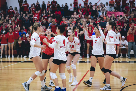 Players celebrate winning a point during a match