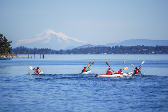 Kayakers on the waters in front of Brentwood College School