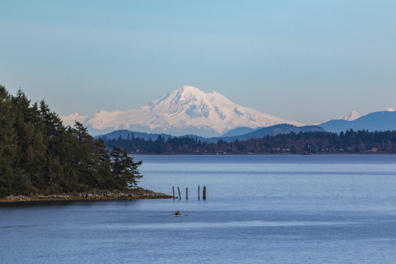 Rowers in the waters of Mill Bay with Mount Baker in the background