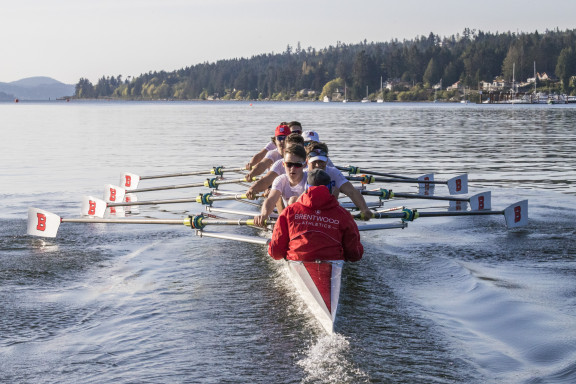 A group of rowers training on the waters of Sannich Inlet