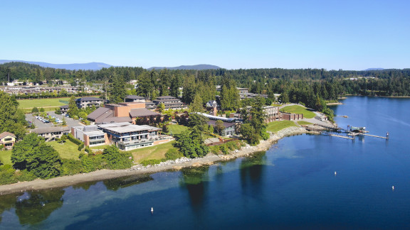 An aerial view of the oceanfront campus at Brentwood