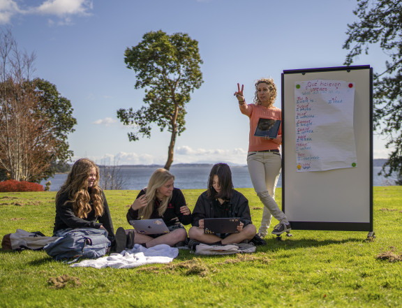 Language students working outside