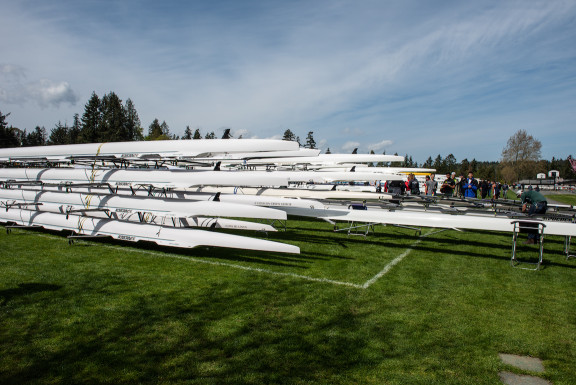 A rack of rowing shells