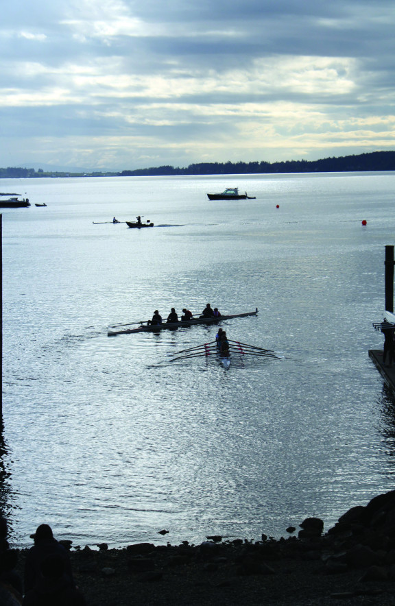 Some rowing boats out on the water