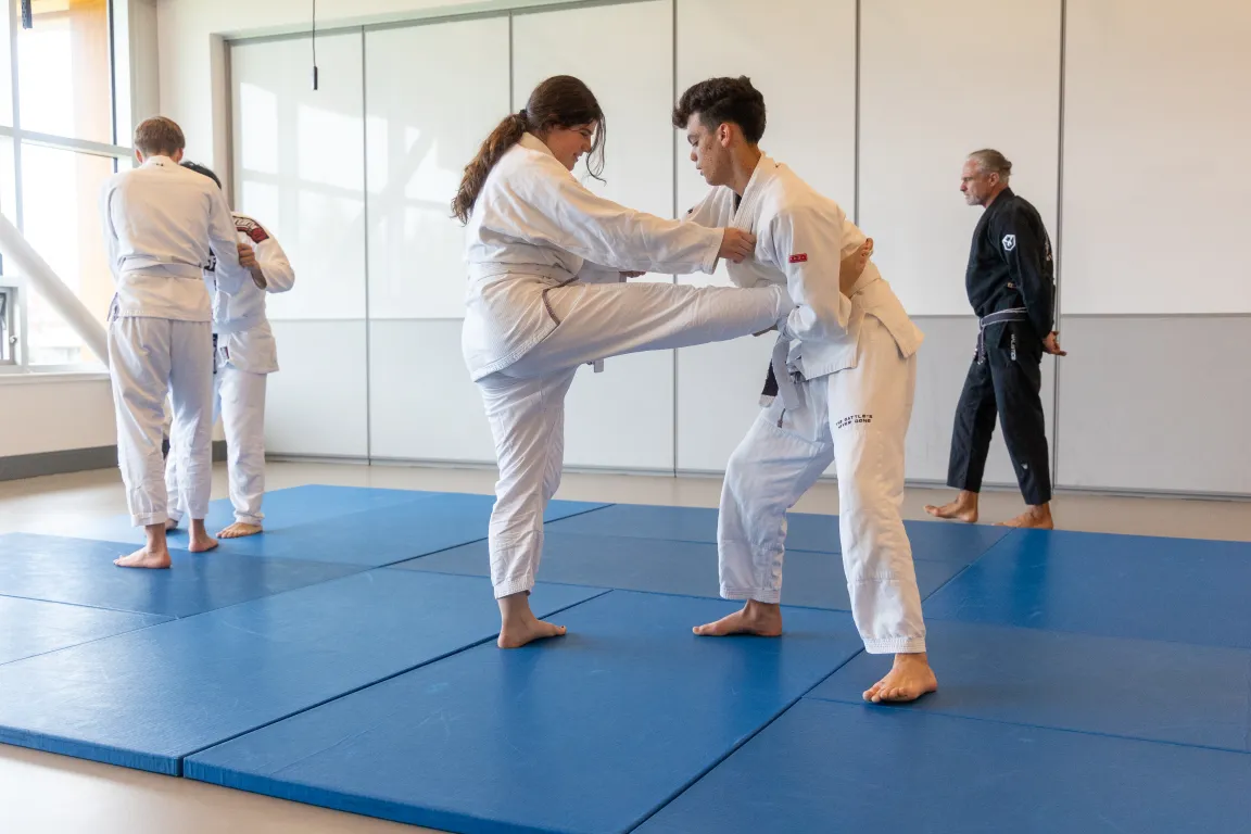 Two students practising jiu-jitsu on the mats in a martial arts class