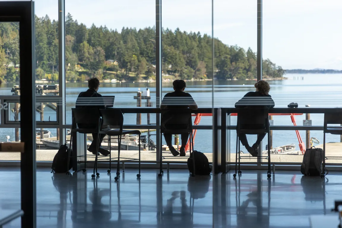 Three boys study at tall windows with ocean view beyond