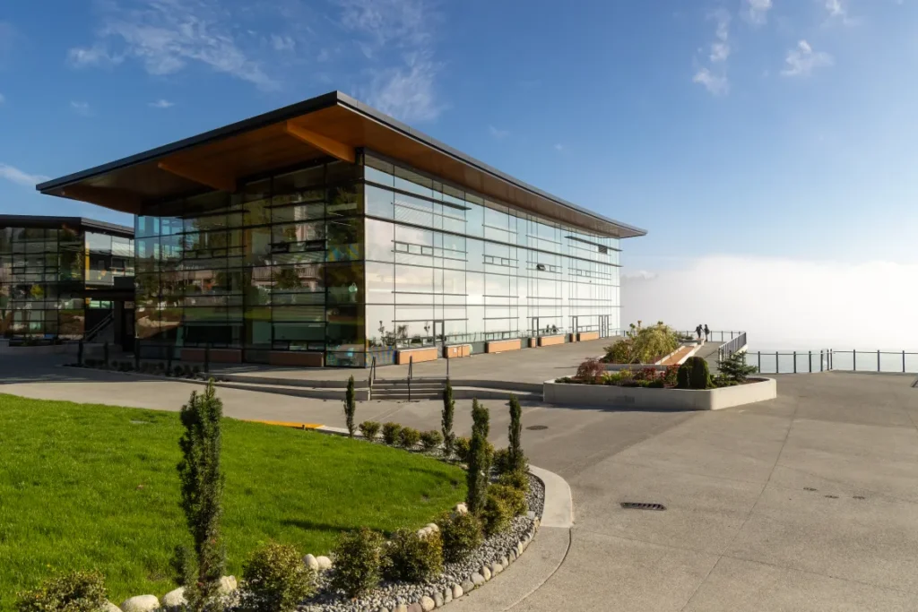 The modern glass academic building on the Brentwood campus