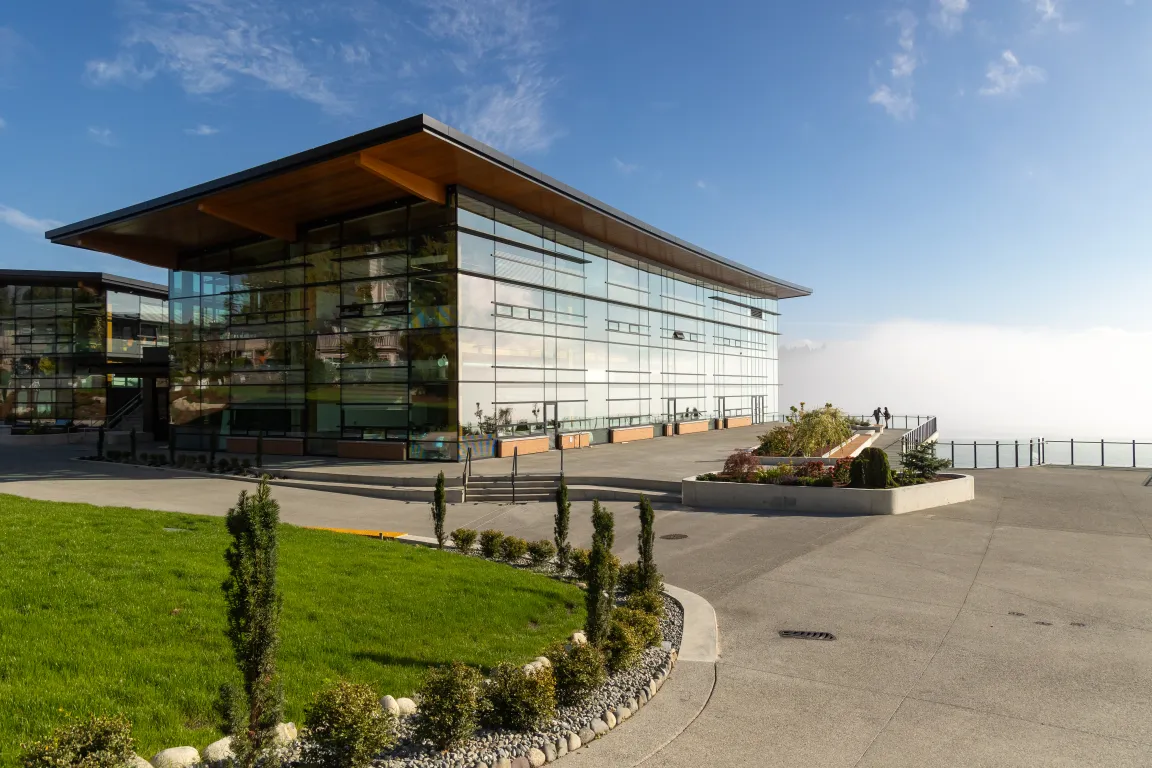 The modern glass academic building on the Brentwood campus