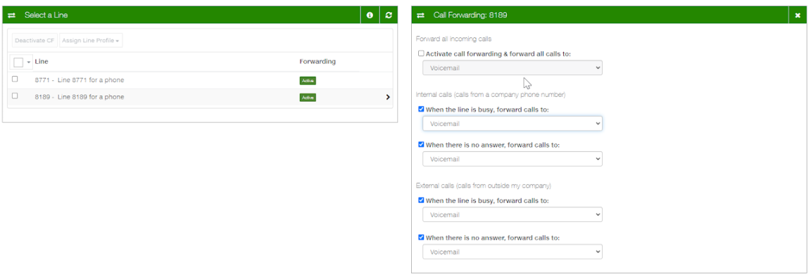 Screenshot of the Cisco phone call-forwarding settings