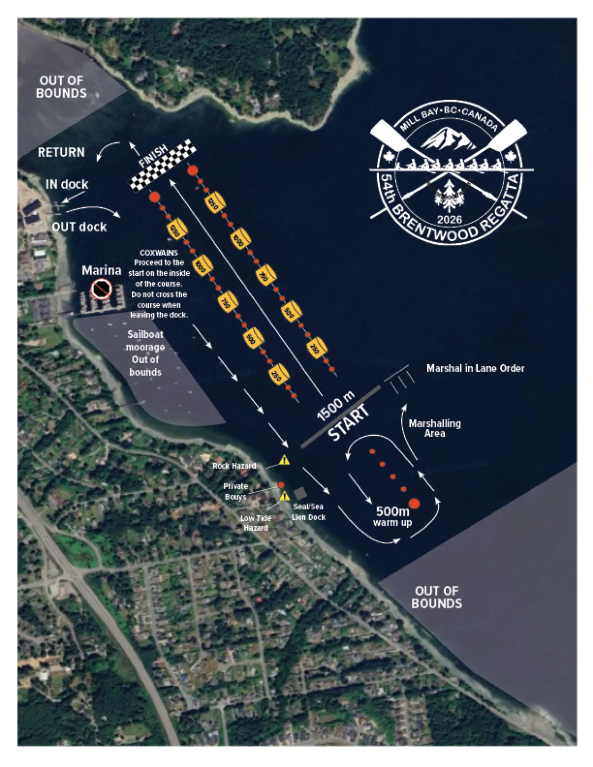 Map of the 2026 Brentwood Regatta rowing course at Mill Bay