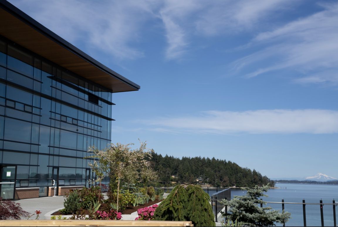 Sustainably designed academic centre on campus looking to Mt Baker