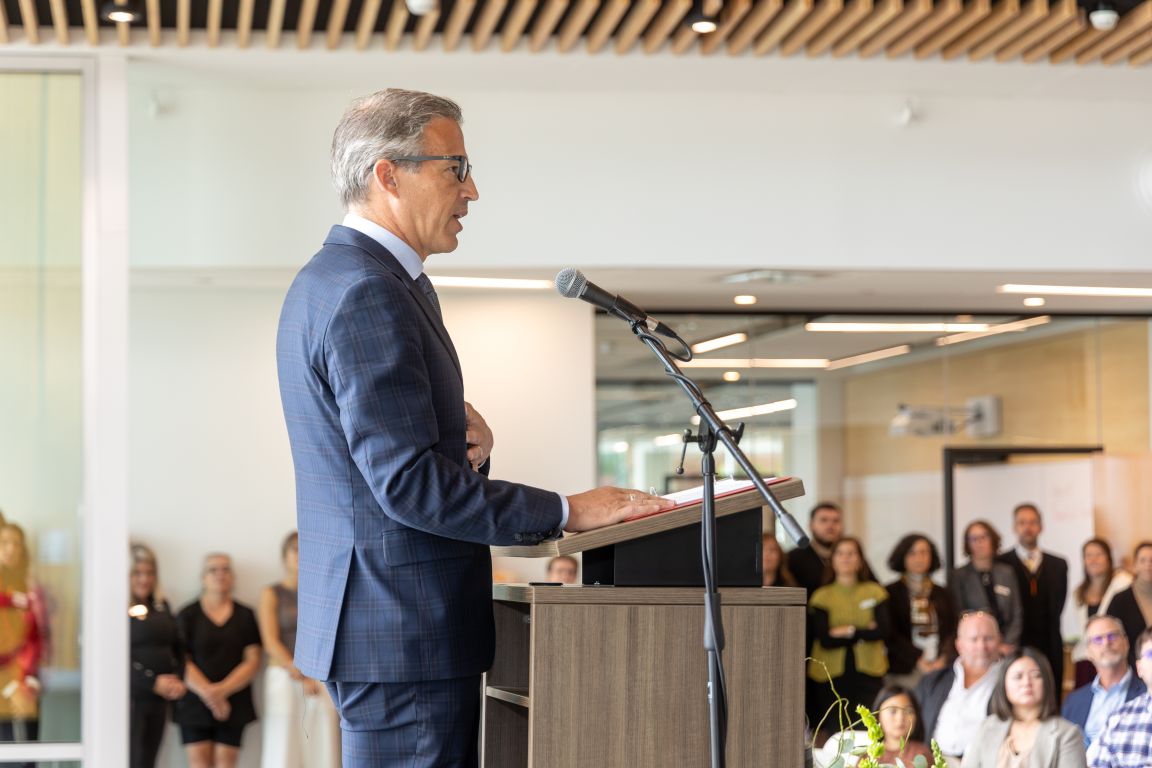 Brentwood College Head of School Garth Chalmers addresses Brentwood Family during grand opening of Centre for Innovation and Learning 2024
