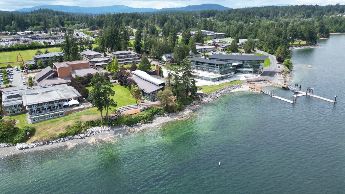 Aerial view of the Brentwood campus on the waterfront