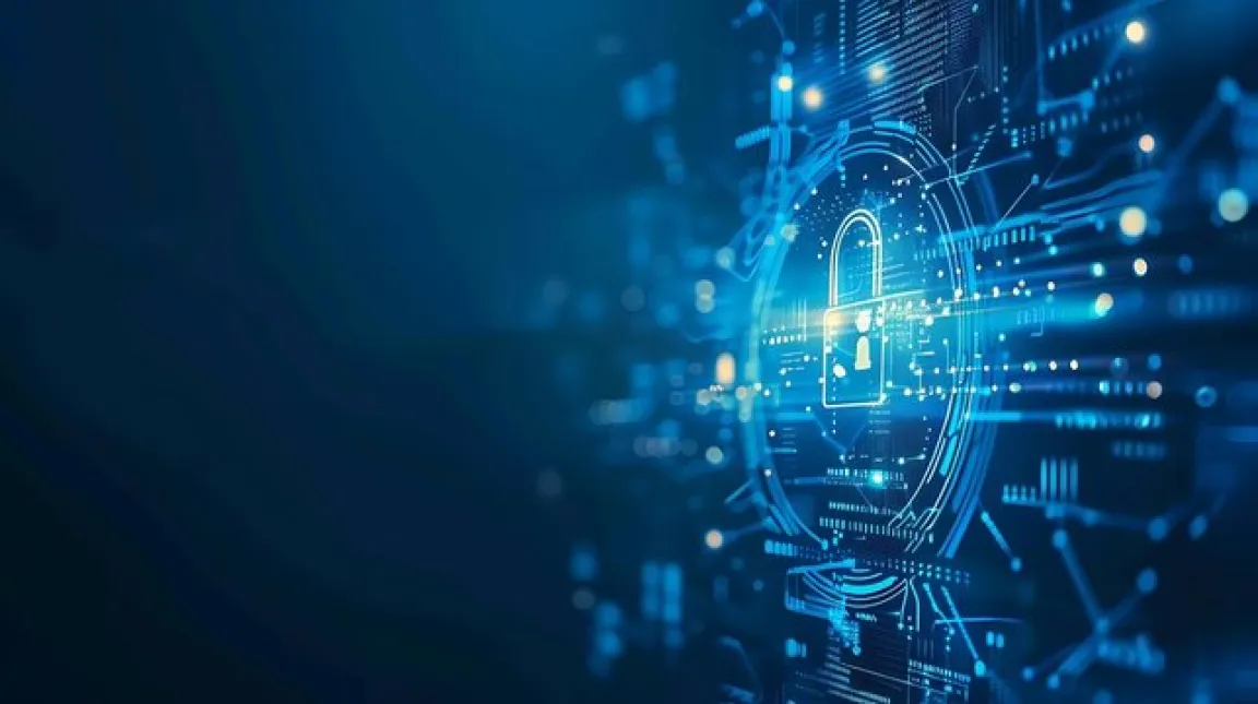 A digital padlock over a network circuit board, representing cybersecurity