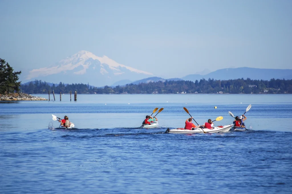 Mount Baker and a rowing boat on the ocean