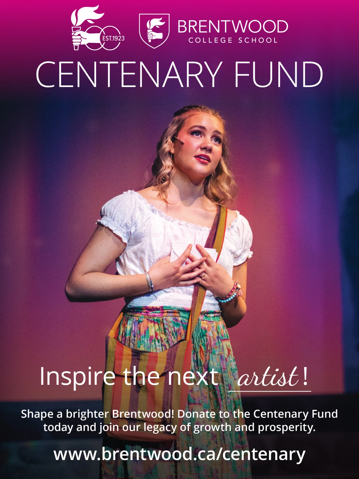 Centenary Fund poster reading Inspire the next artist, featuring a student performing on stage