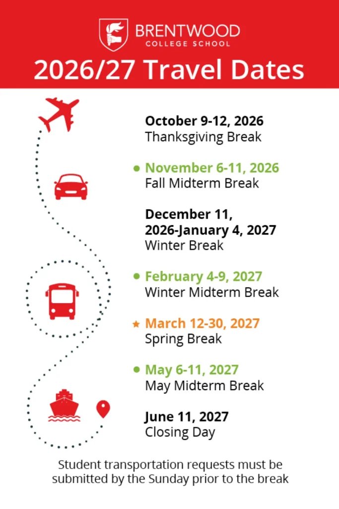 Brentwood 2026/27 Travel Dates infographic listing break and closing dates