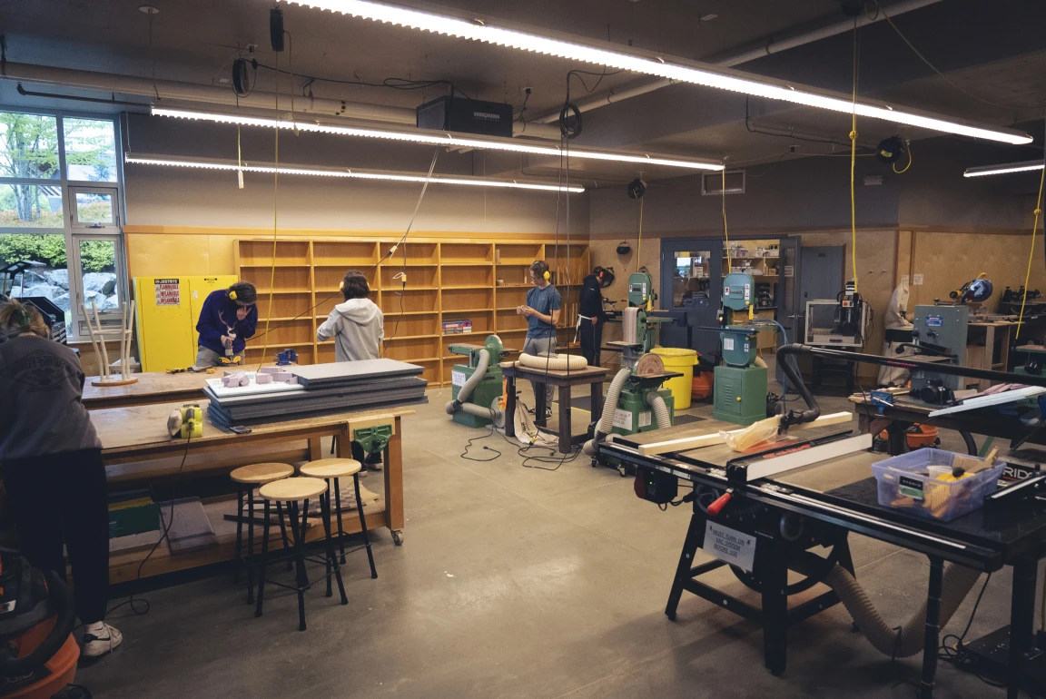 Students working in Brentwood's woodworking shop