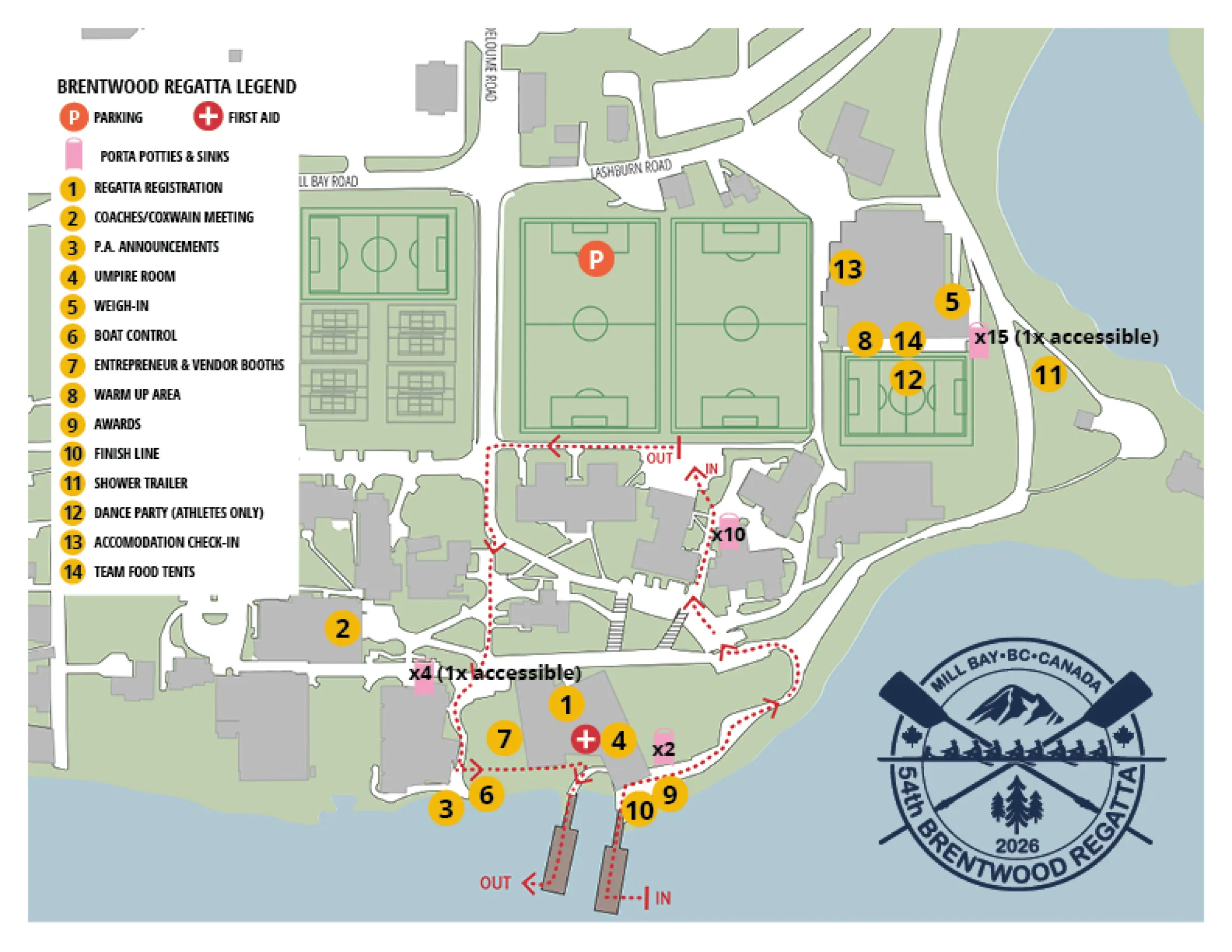Site map of the Brentwood Regatta grounds with a legend of locations