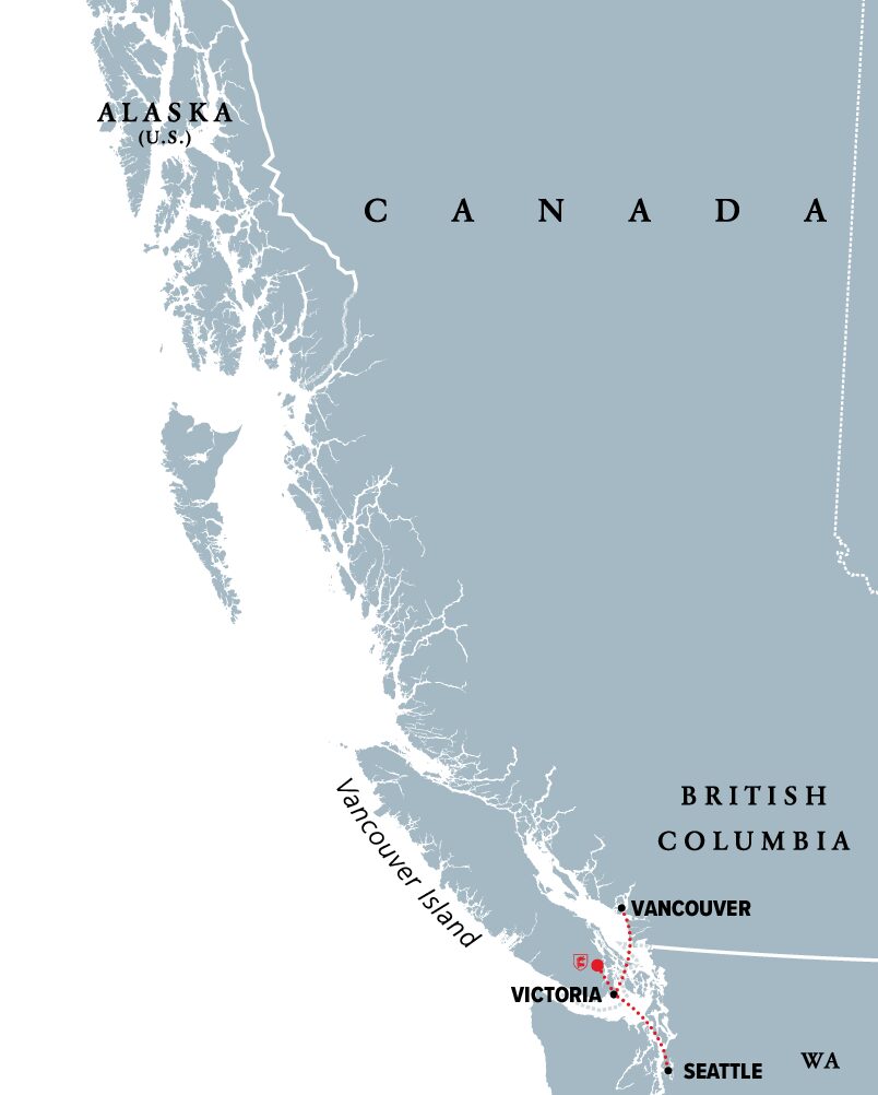 Map showing Vancouver Island in relation to Vancouver and Victoria